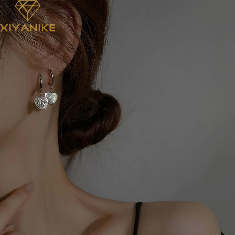 

XIYANIKE 925 Sterling Silver Shiny Love Heart Pendant Hoop Earrings Female Sweet Romantic Exquisite Gorgeous Jewelry Party Gifts