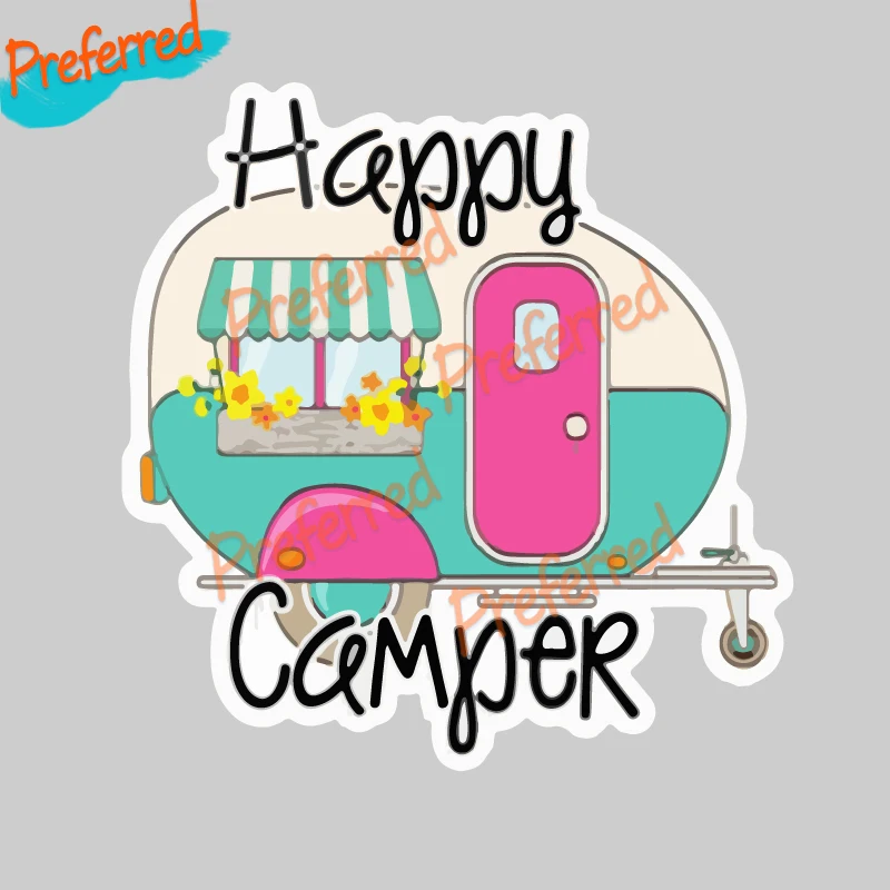 

Happy Camper Travel Bumper Car Sticker VAN Creative Cartoon Graffiti Laptop Decal Motorcycle Scratch-Proof RV Car Styling