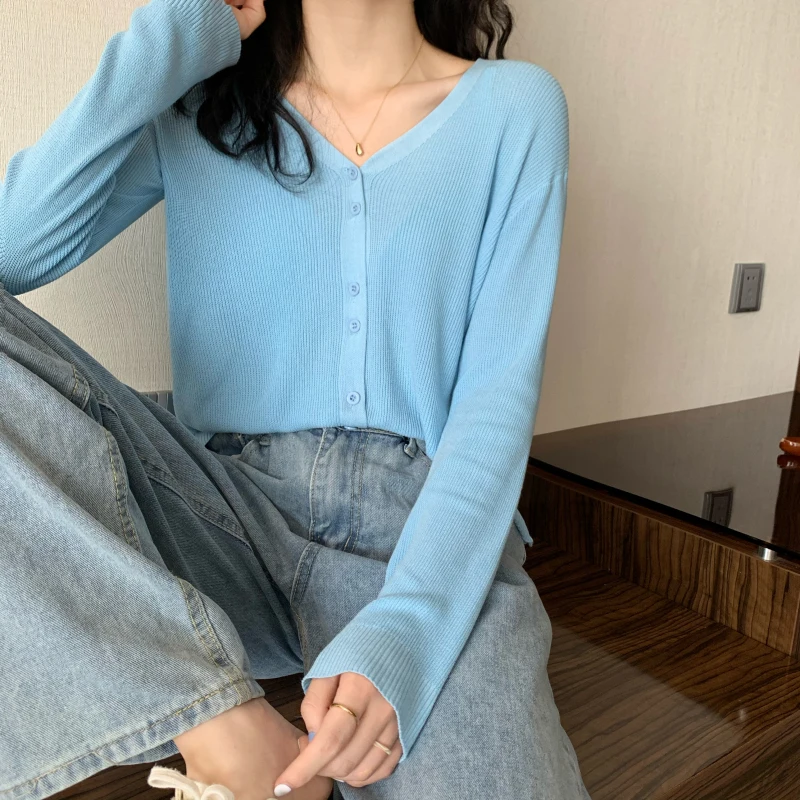 

COIGARSAM Full Sleeve Shirt Womens tops Knitting Loose Thin Women shirts White Is Prevented Black Sun Unlined 5156