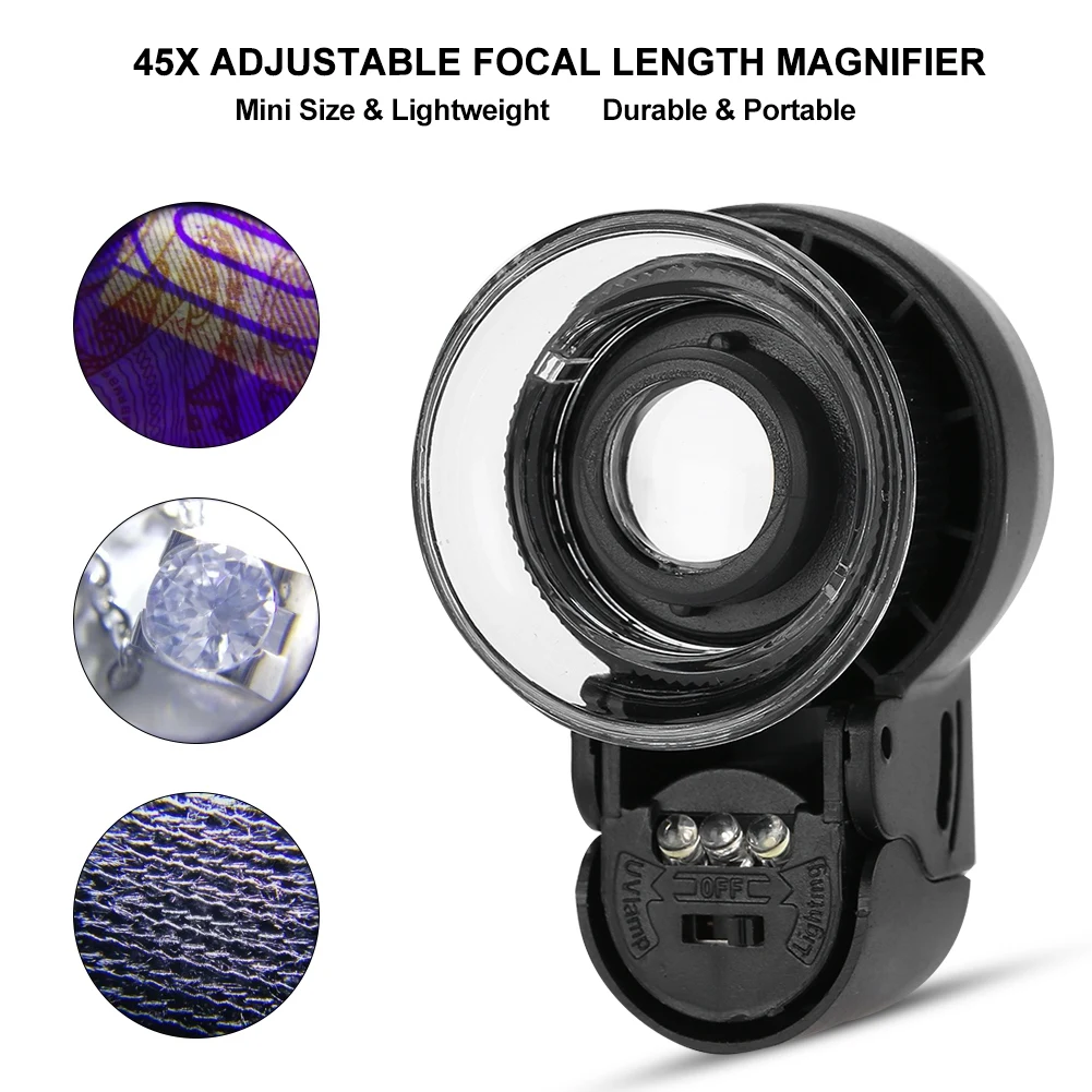 Мини 45X портативная Светодиодная лампа для фото и Ювелирная Лупа Регулируемая