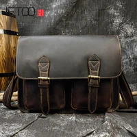 aetoo mens shoulder bag crazy horse leather casual messenger bag leather flap briefcase