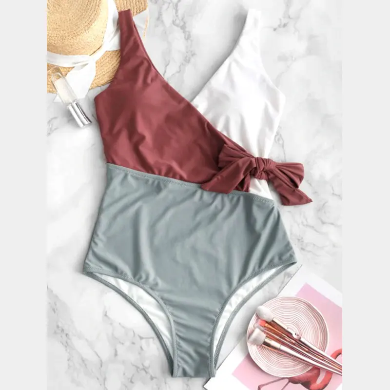 

Купальник с высокой талией, женский купальник, лоскутное бикини с V-образным вырезом, цельные костюмы, бандажный купальный костюм, сексуальн...