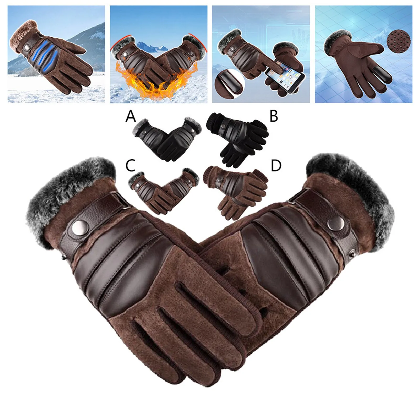 

Brown Mens Leather Gloves Real Pigskin Russia Winter Gloves Warm Plus Velvet Thick Driving Skiing Men's Gloves Guantes Luvas