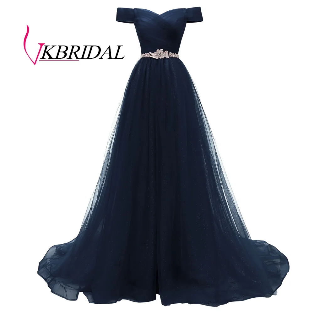 Тёмно-синий VKBRIDAL, Красное длинное вечернее платье с открытыми плечами и поясом, расшитое бисером, винтажные платья для выпускного вечера, vestido de festa, недорогое вечернее платье со шнуровкой на спине - Цвет: Тёмно-синий