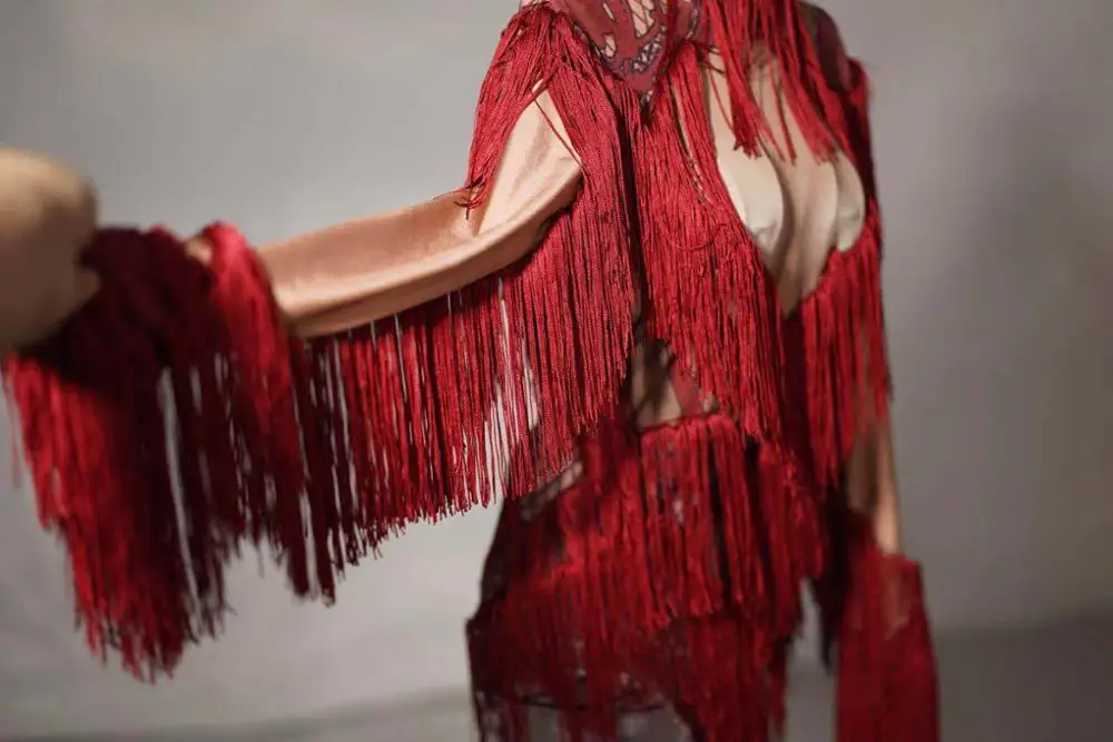 Red Fringe Sleeve Skinny Bodysuit DJ Female Singer Show Tights Stage Wear Bar Dancer Sexy Elastic Tassels Leotard Dance Costume
