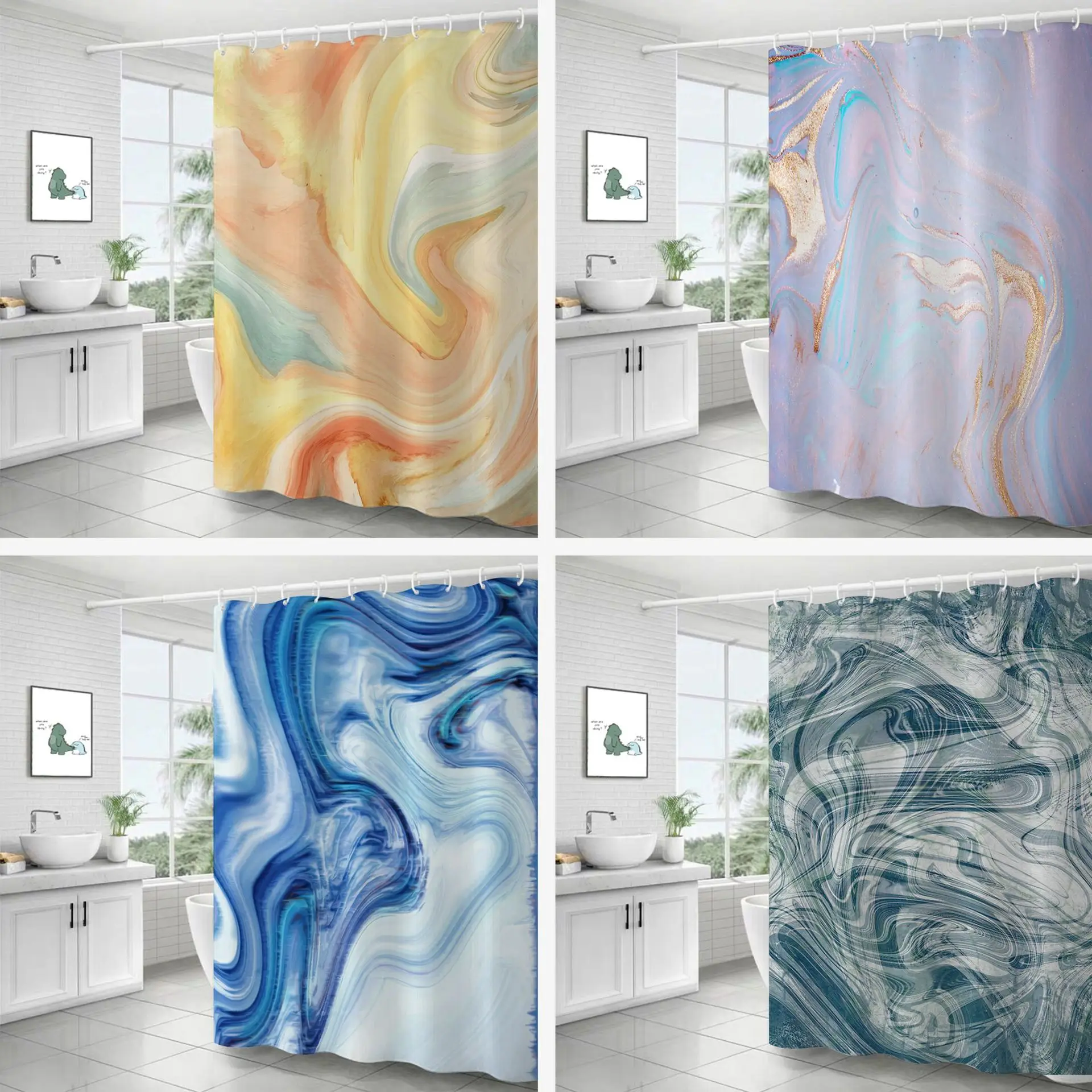 

Marble Texture Style Washable Shower Curtain Bathroom Curtain Frabic Waterproof Polyester Bathroom Decor Sets with Hooks