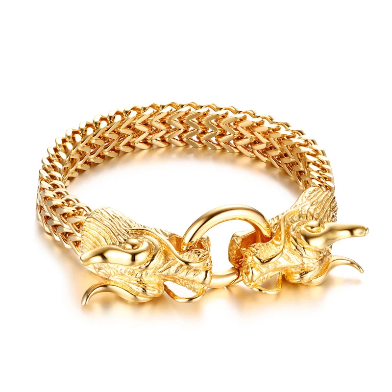 

MingAo Punk Titanium Steel Charms Men Gold Dragon Lead Bracelet Set Fashionable Male Chain Men Under the Dragon Horn Bracelet