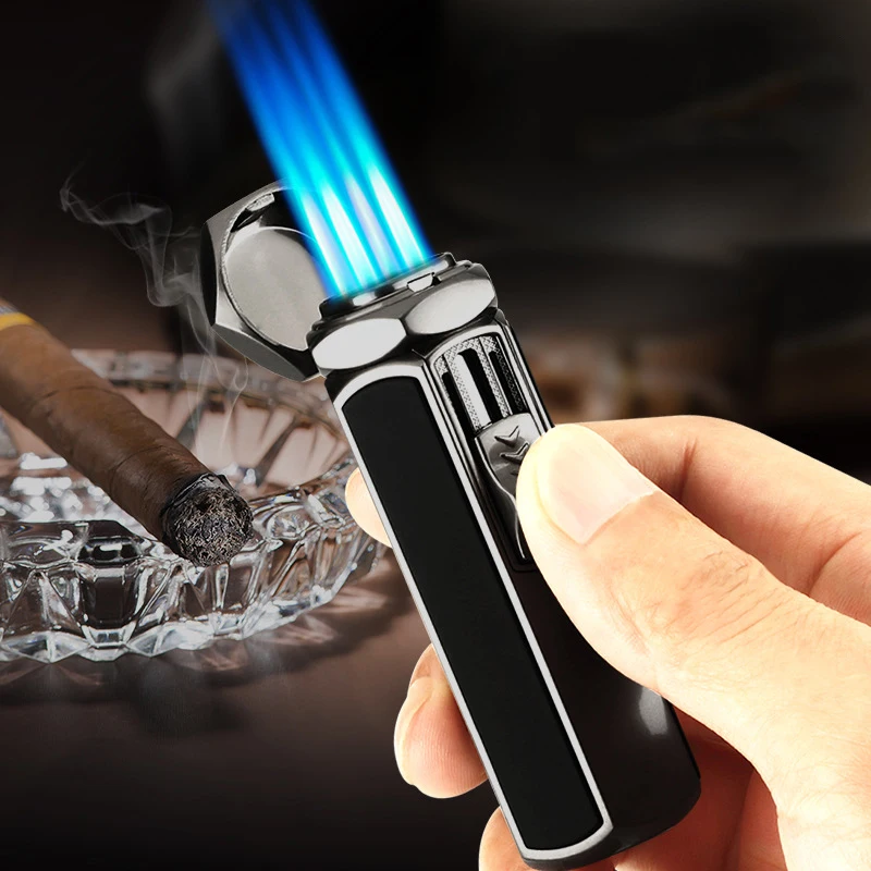 

2021 Metal Gas Cigar Lighter Windproof Four Fire Flashlight Torch Turbo Lighter Mini Smoking Accessories Men's Christmas Gift