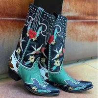 new women fashion low heel pointed rivet decoration deep v mouth cover foot embroidery trend high tube boots cowboy boots kn268