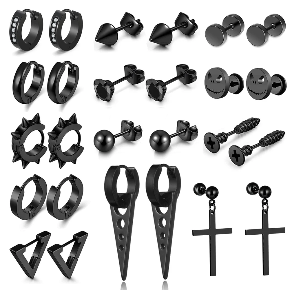

26 Pcs Black Earrings for Men Stainless Steel Hoop Stud Earrings Set for Men Women Ear Jewelry Piercing
