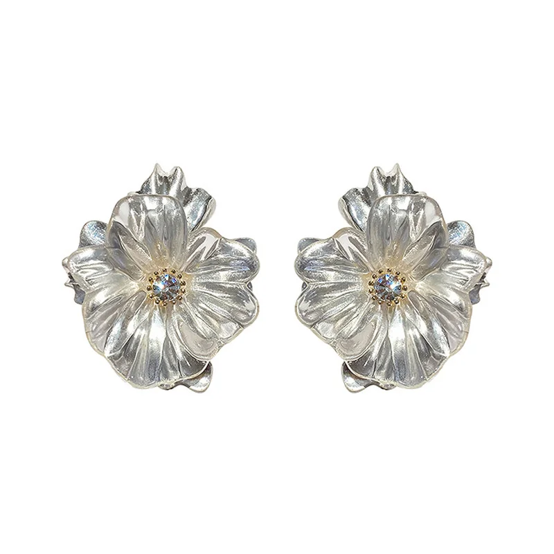 

925 silver needle crystal transparent Flower Earrings Korean Fashion Earrings cute personality simple Earrings female