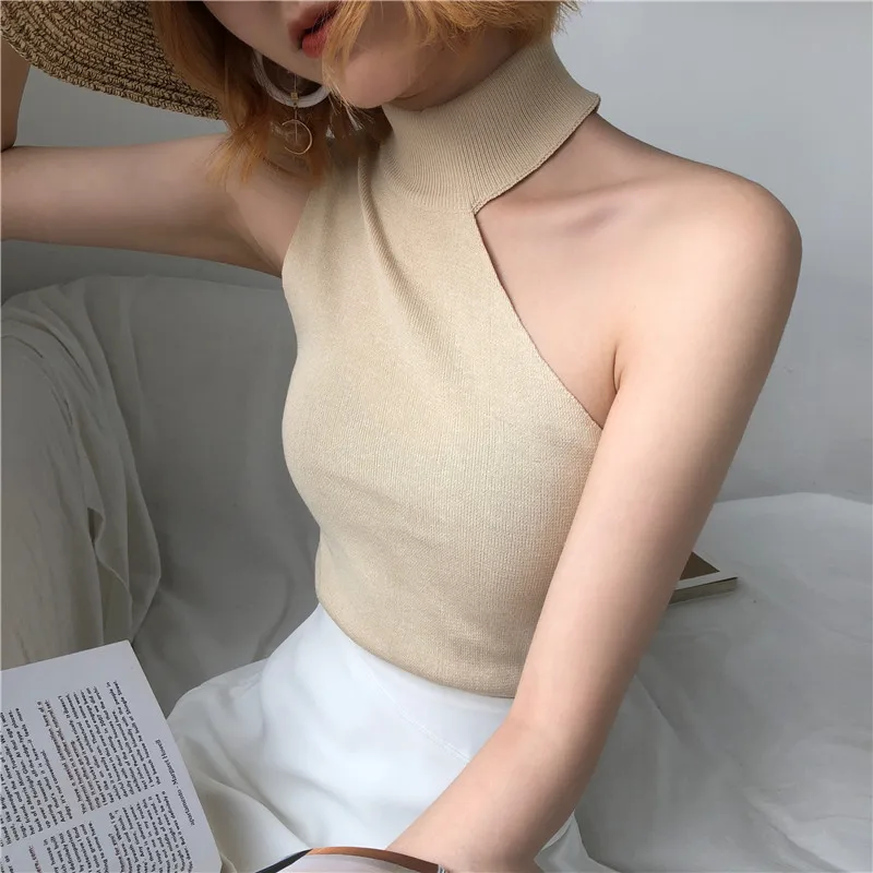 Knitted Sweater Off Shoulder Pullovers Sweater For Women Sleeveless Turtleneck Female Jumper Black White Beige Sexy Clothing