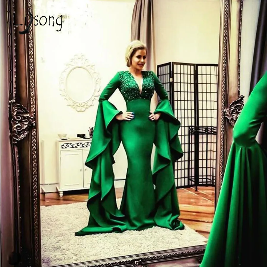 

Saudi Arabic Green Mermaid Evening Dresses 2019 Flare Ruffles Full Sleeves Lace Beaded Long Prom Gowns Elegant Party Dress
