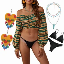 CHYAOWU0130 Camiseta a rayas de color amarillo y verde, blusa Sexy de manga larga con cuello de una línea para playa, con protector solar, para verano, 20222 (1)