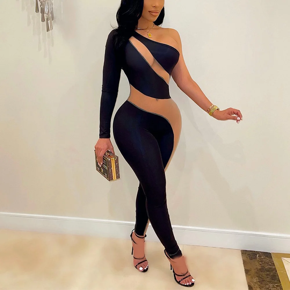 

Sexy Jumpsuits New Arrivals Women Mesh Patchwork One Shoulder High Waisted Bodycon Elegant Evening Night Club Rompers & Overalls