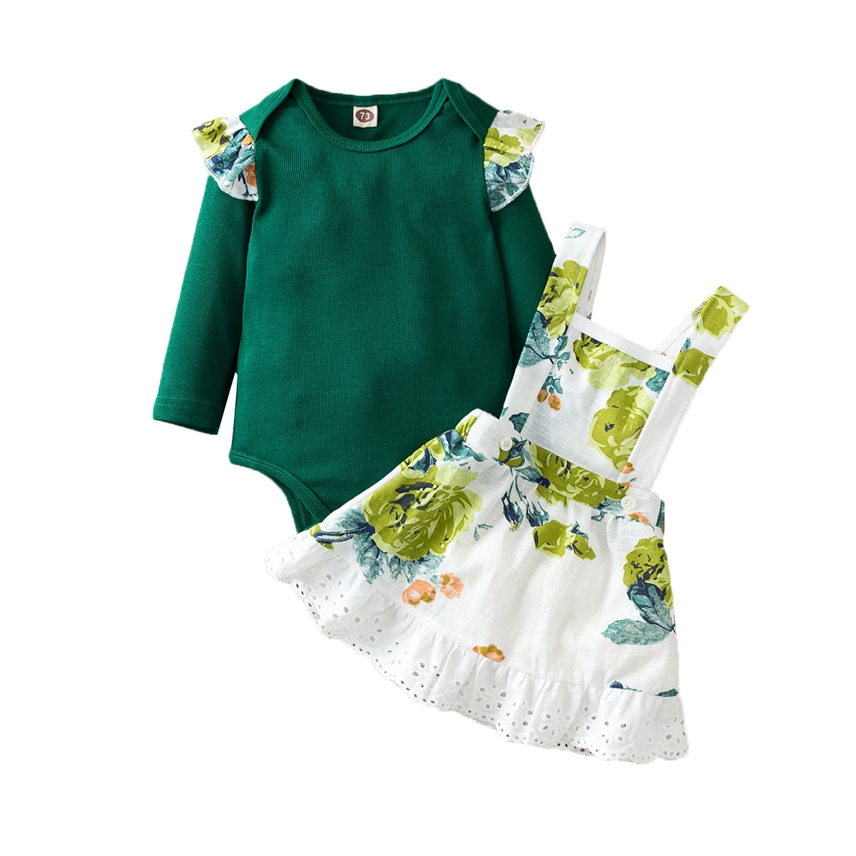 Новинка Комплект из 2 предметов Зеленый комбинезон с оборками и длинными