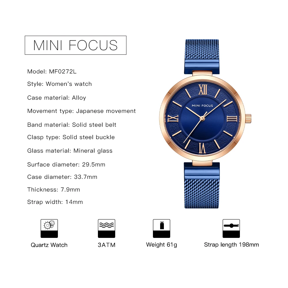 Бренд MINI FOCUS синие кварцевые женские часы люксовый бренд водонепроницаемые