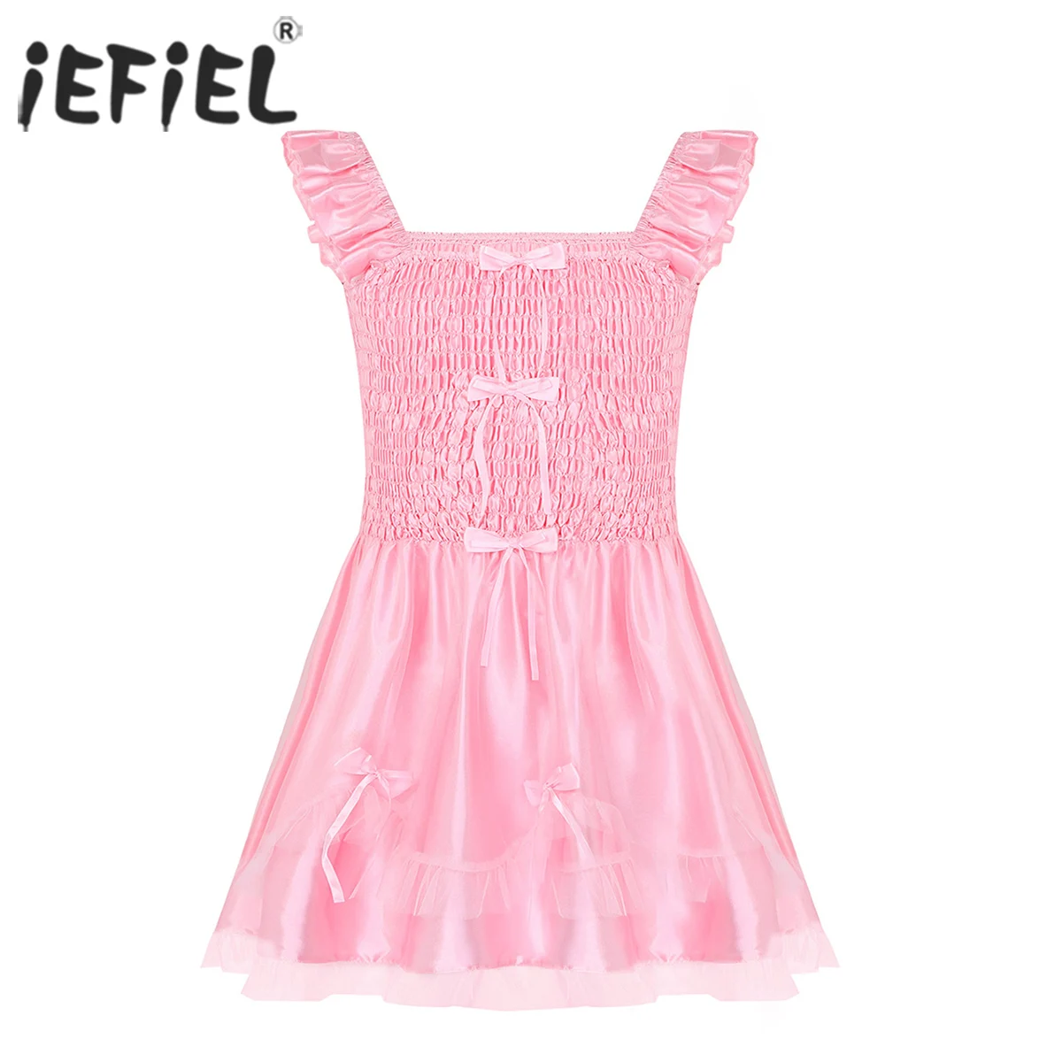 

Men Adults Sleeveless Ruffled Bodice with Ribbon Bows Stretchy Satin Sissy Dress Adult Gay Male Baby Cross Dresse Costumes