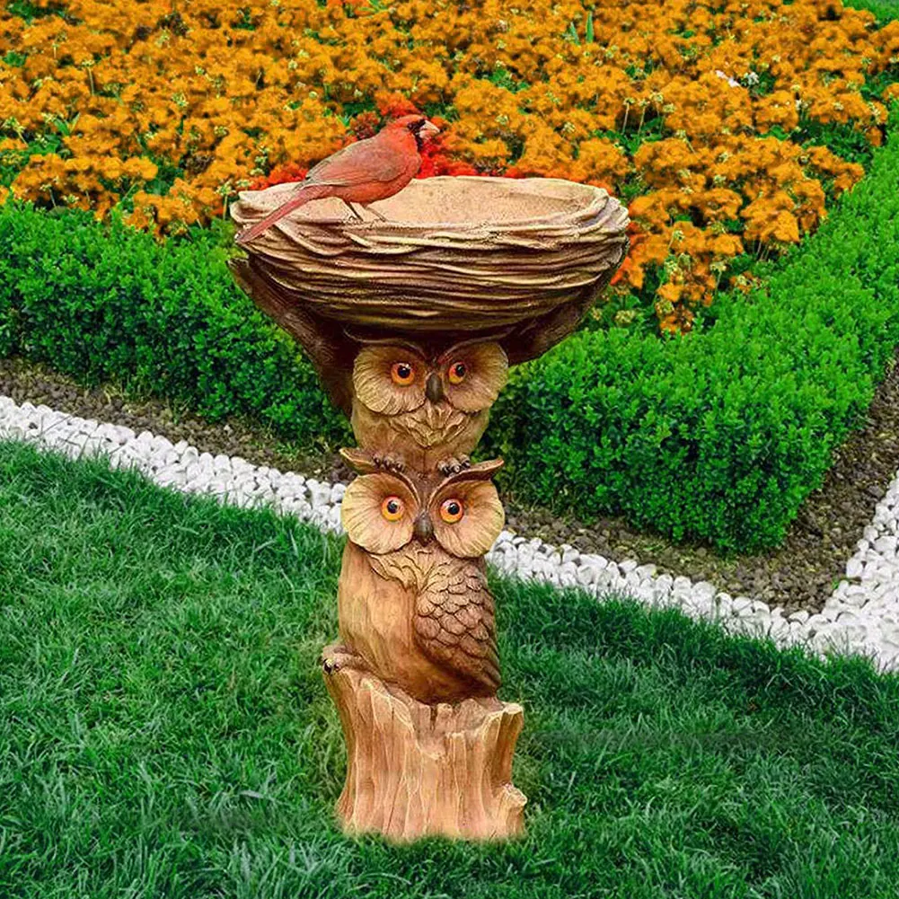 

22cm Tall Non-Toxic Resin Owl Bird Bath Fairy Garden Bird Bathroom Bird Food Storage Ornaments Sculptures Yard Lawn Decoration
