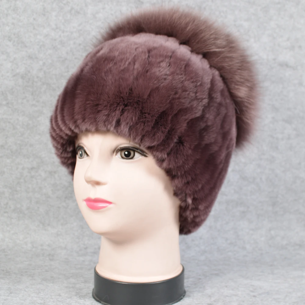 Женская шапка из натурального Лисьего меха зимняя вязаная Настоящий мех кролика