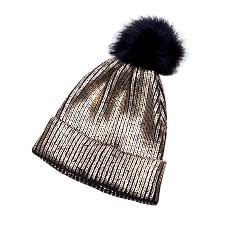 

Women Girls Winter Warm Metallic Shiny Knitted Crochet Beanie Hat With Pom Pom