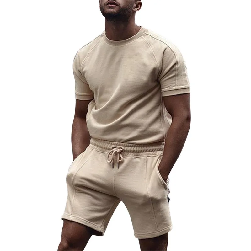 

Fashion Solid Color Mens Clothes 2021 Summer 2 Piece Set Men Turn-down Collar Tops Drawstring Pants Outfit Casual Suits 3XL