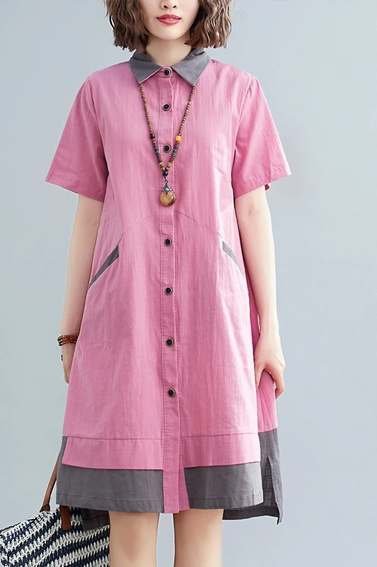 

COIGARSAM Cotton Linen Women dress New Summer Short Sleeve Loose Dresses Lake Blue Purple Pink 8930