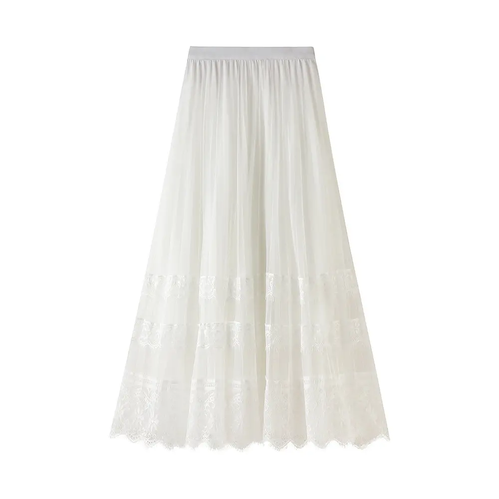 

Ladies Mesh Lace Skirt, High Waist Pleated Half-Dress, Slimming A-Line Embroidered Lace Flower Tulle Elegant Skirt