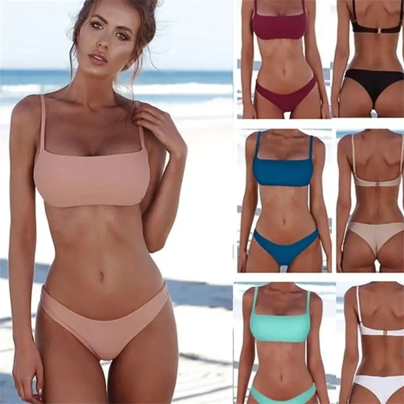

1 Set Split Bikini Swimsuit Women Bathing Suit Summer Beachwear Pure Color Push Up Padded Swimsuit Women Bikini Summer Swimwear