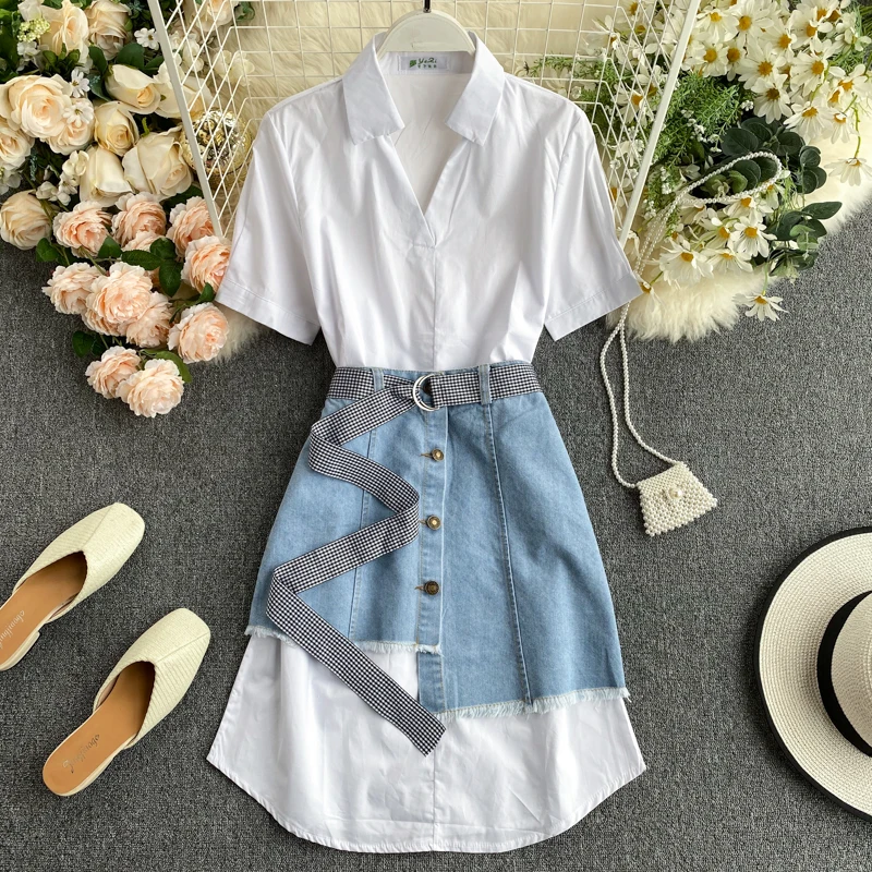Женское платье с коротким рукавом и джинсовой юбкой комплект из двух предметов в