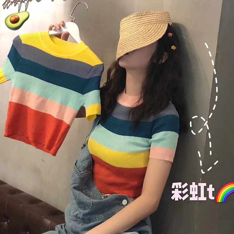 

kawaii harajuku shirt kpop clothes women plus fashion oversized t shirt Casual Striped O-Neck cute punk ropa mujer camisetas