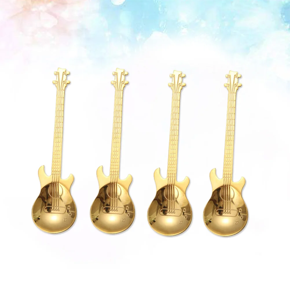 

4pcs Guitar Coffee Spoon Stainless Steel Coffee Mixing Spoon Cold Drink Tea Tools Kitchen Accessories (Gold)