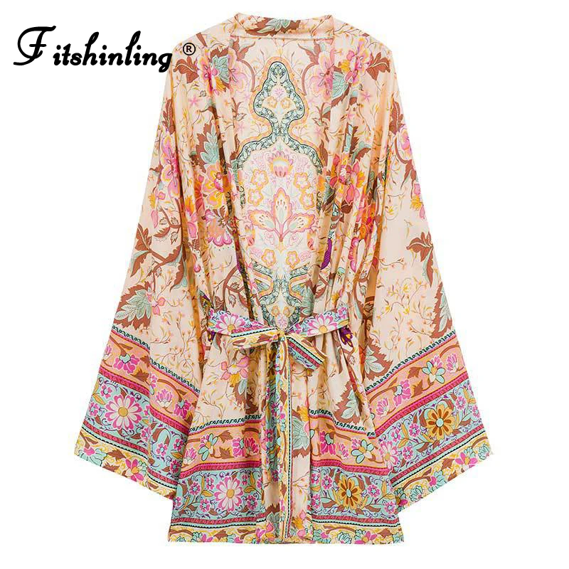 

Fitshinling Print Floral Slim Kimono Women Cotton Clothing Bohemian Cardigan With Sashes Holiday Flare Sleeve Beach Cover Up New