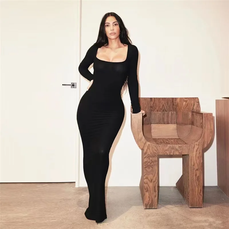 

Sexy Women Dress Long Sleeve Elegant Autumn Winter Solid Casual Basic Solid color Bodycon Slim Maxi Dress For Women 2022 New