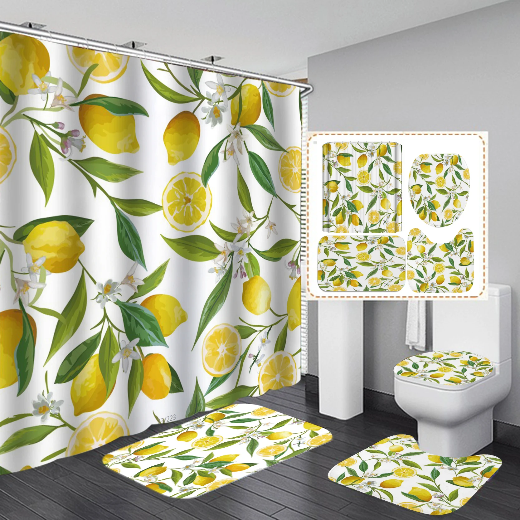

Nature Lemon Tree Bath Curtains Sets Waterproof Polyester Fabric Shower Curtain Pedestal Rug Lid Toilet Cover Bath Mat Set