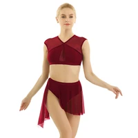 elegant women adult asymmetric contemporary lyrical dance sleeveless cross crop tops vest 2 pcs set 2021 modern ballet costume