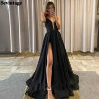sevintage black satin sequined prom dresses long cut out backless formal evening gowns sexy slit women special party dress 2021