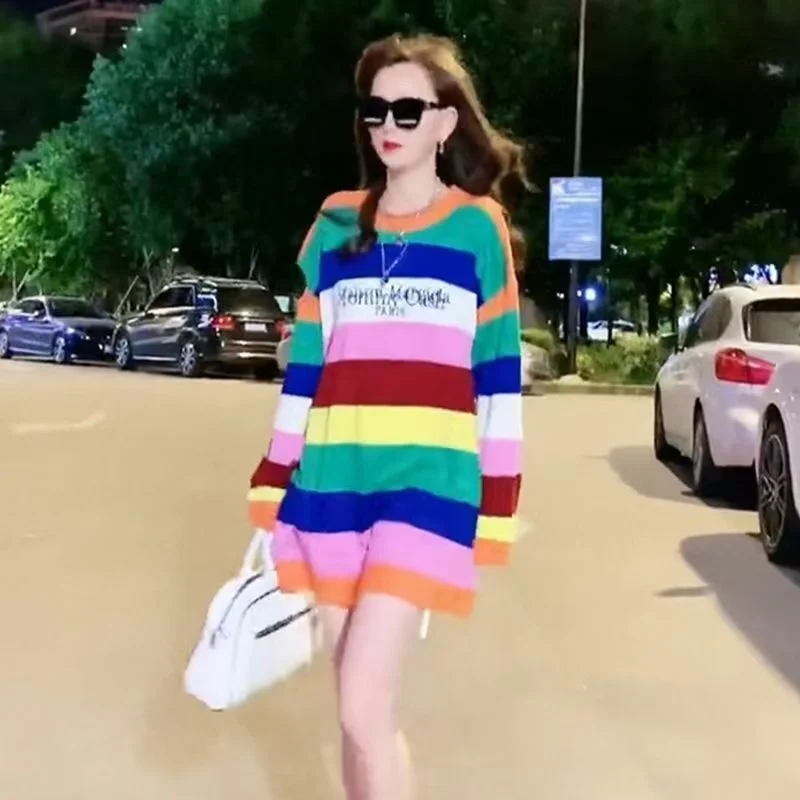 

2021 новый стиль уличный дизайн с открытыми плечами радужные полосы