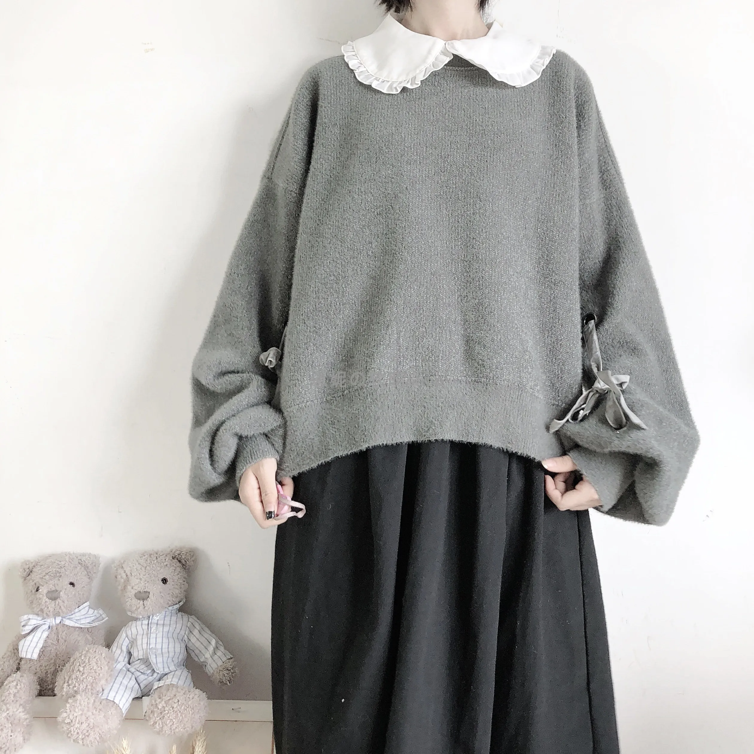 

Soft Sister Lazy Sweater Girl Japanese Sweet Cute Butterfly Laceing Lantern Sleeve Jumper Women Knit Autumn Winter Pullover Tops