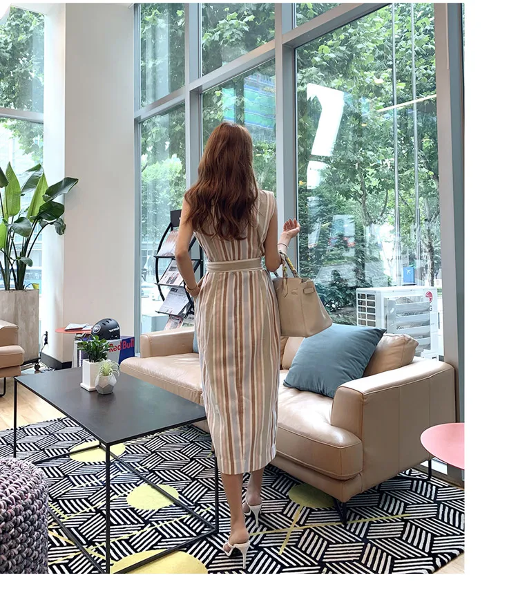 Женское двубортное платье SHTONGHUA офисное лоскутное карандаш в полоску с надрезом
