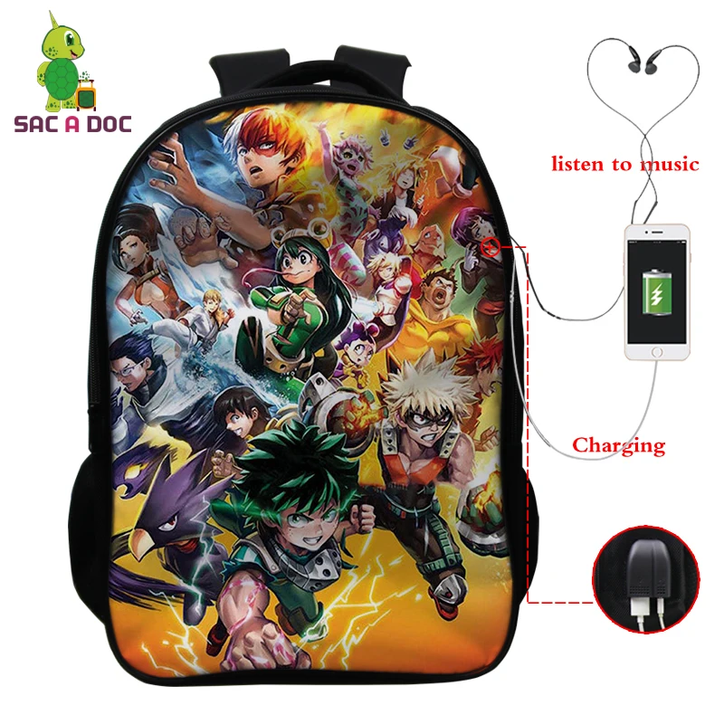 

Men Book Bag My Hero Academia Print 16 Inch Teenager School Bags USB Backpacks College Student Bookbag Boys Girl Funny Back Pack