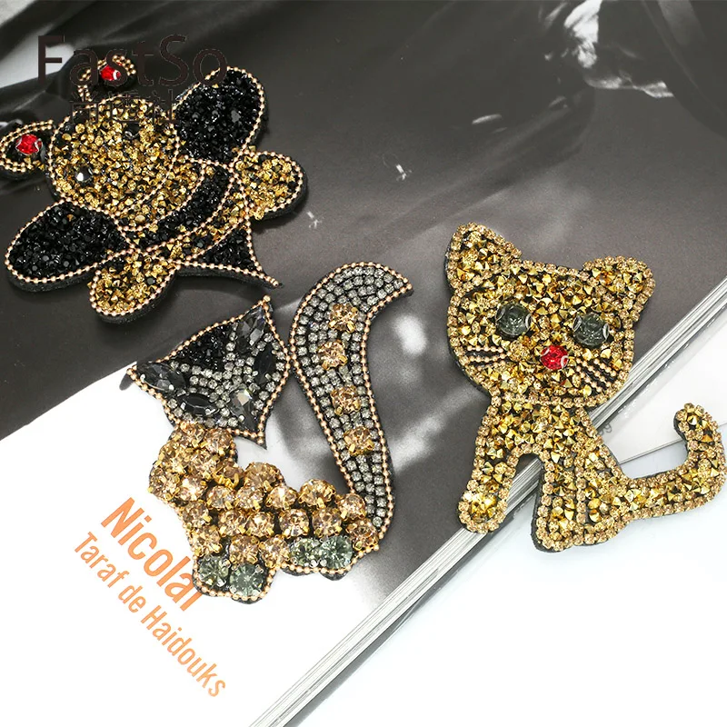 

Bee Fox Cat Gold Beaded Rhinestones Patches for Clothes Applique Embroidery diy Patch Apparel Accessories Sewing Stripes