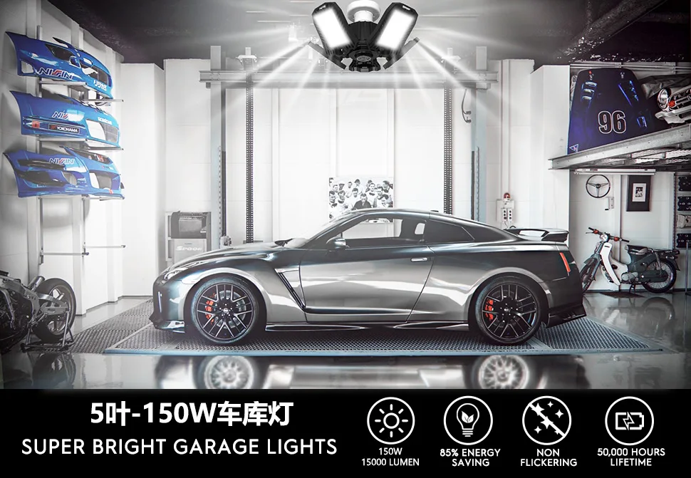 

LED Garage Light Ceiling Light Foldable Fan Blade Light for Warehouse Lighting Bulb Workshop 5 Leaf Deformation Lamp for Garage