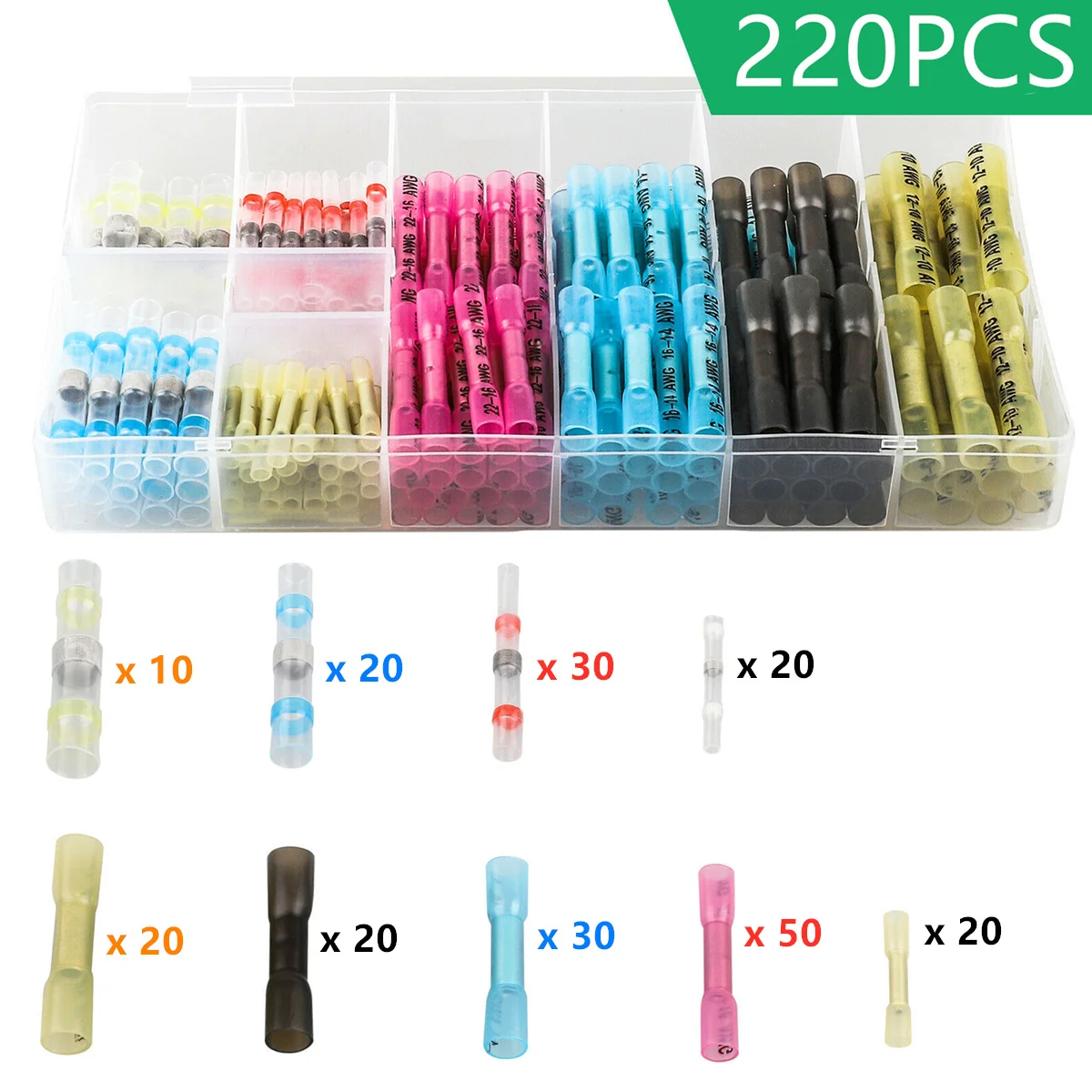 

220PCS Heat Shrink Butt Crimp Terminals Waterproof Solder Seal Sleeve Electrical Wire Butt Connectors Terminal Assorted Kit