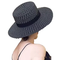 black white flat top big brim straw hat womens summer beach hat seaside holiday british hat sunshade sun protection travel hat