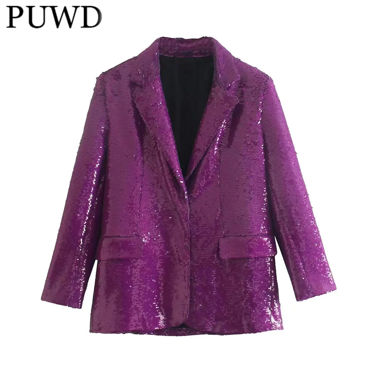 PUWD Women Purple Sequins Jacket 2022 Spring Fashion Ladies Casual Long Sleeve Turn Down Collar Porket Shirt Female Suit Type