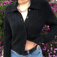 fall punk kawaii short pull femme sweter black vertical stripes turn down collar crop sweater women chenille knitted cardigan