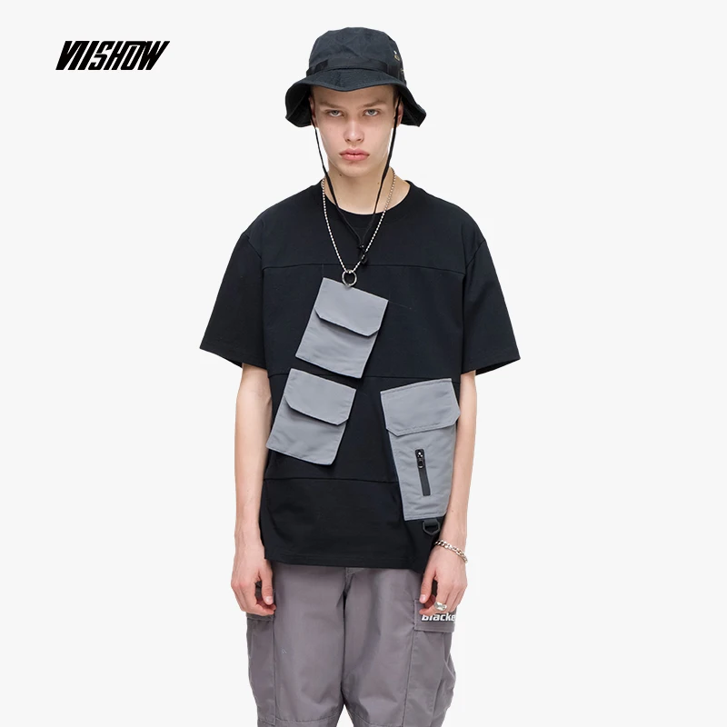 VIISHOW уличная Мужская футболка брендовая Повседневная с несколькими карманами