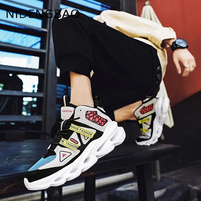 Mens Sneakers High Top Trendy Mesh Breathable Damping Walking Jogging Running Sports Shoes Male Casual Trainers Tenis Masculino