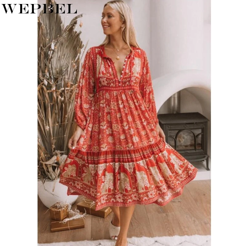 

WEPBEL Bohemian Dress Women's Lantern Sleeve Lace-up O-Neck Dress Spring Summer Leisure Tassel Floral Print Loose Dress